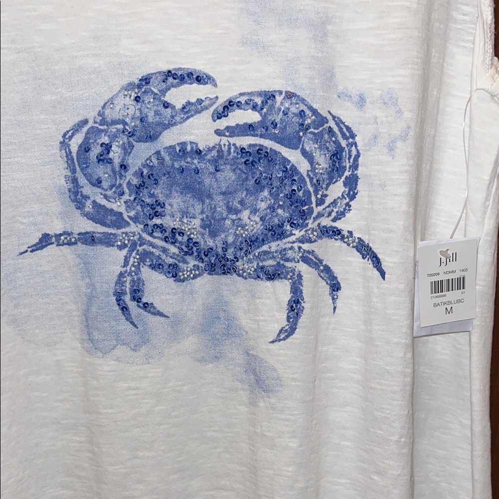 J JILL NWT M STUNNING Women's White Tank Top with Blue Crab Design - Picture 3 of 6